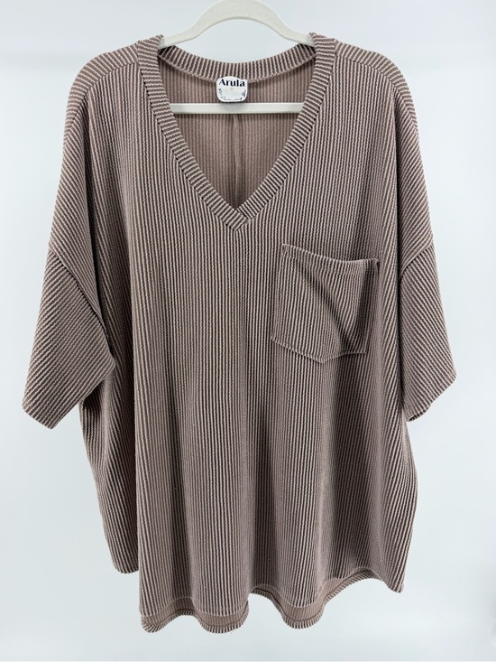 ARULA Tops - Arula Ribbed Knit Pocket Short Sleeve Top, Taupey Mauve, Women's 3X (Size C)